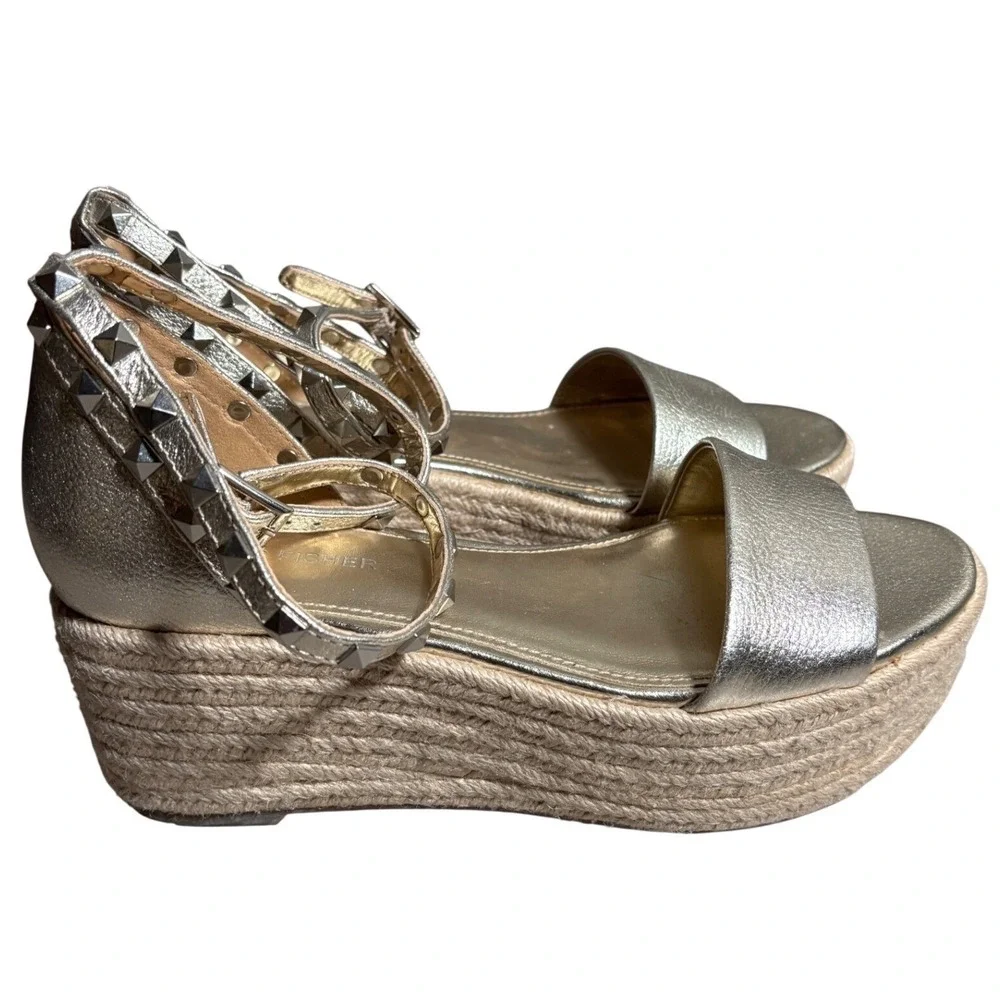 Marc Fisher Size 7 Adalyn Gold Metallic Studded Espadrille Wedge Sandals Boho‎